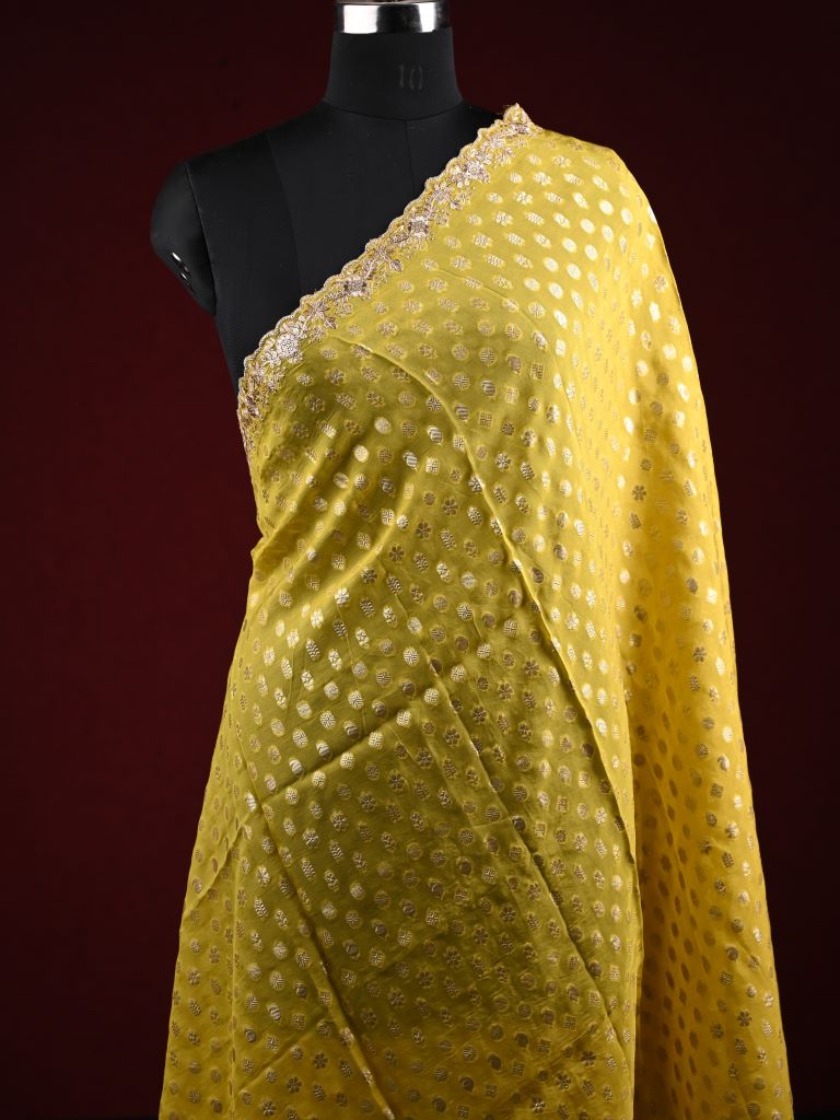 Soft organza duppatta bright yellow color allover zari weaving motifs with zari embroidery border