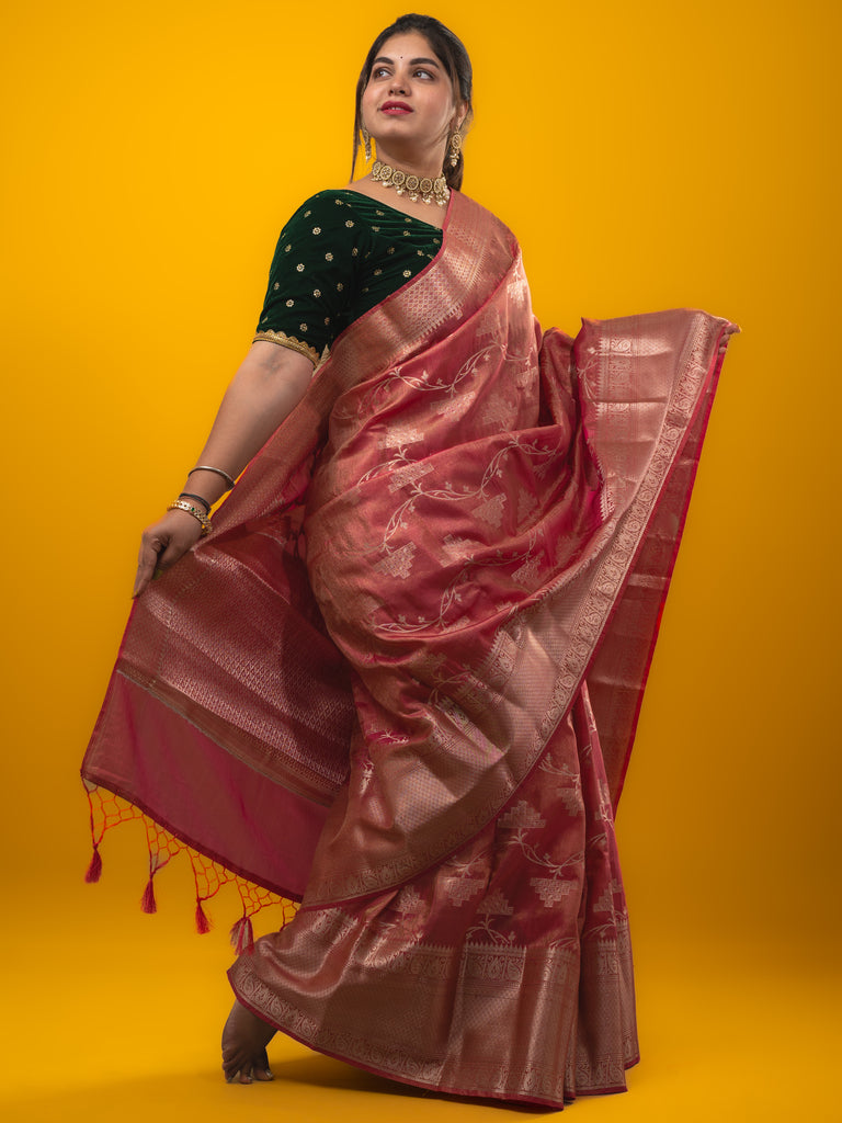 Kora tissue fancy saree peach color allover zari weaves & zari border with brocade pallu and brocade blouse