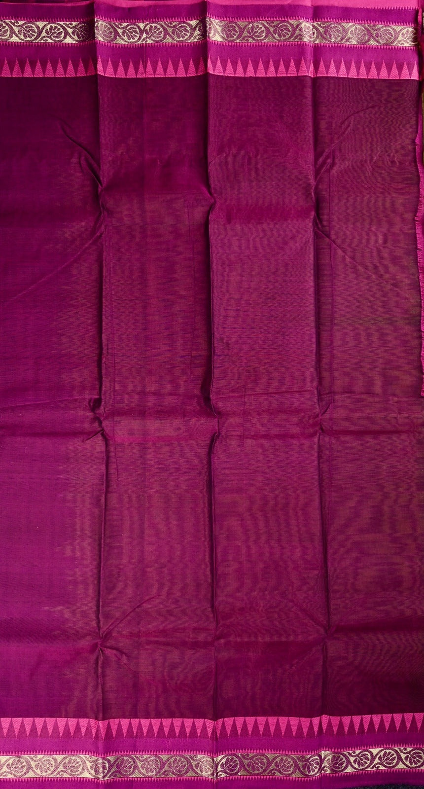 Dhaka cotton saree olive green and pink color with small zari border, big contrast pallu and plain blouse.
