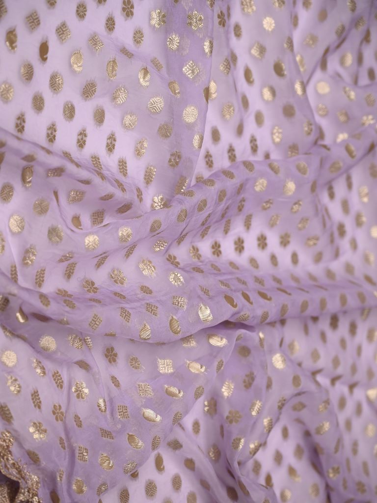 Soft organza duppatta light lavender color allover zari weaving motifs with zari embroidery border