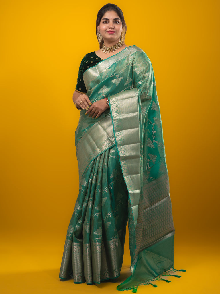 Kora tissue fancy saree lux green color allover zari weaves & zari border with brocade pallu and brocade blouse