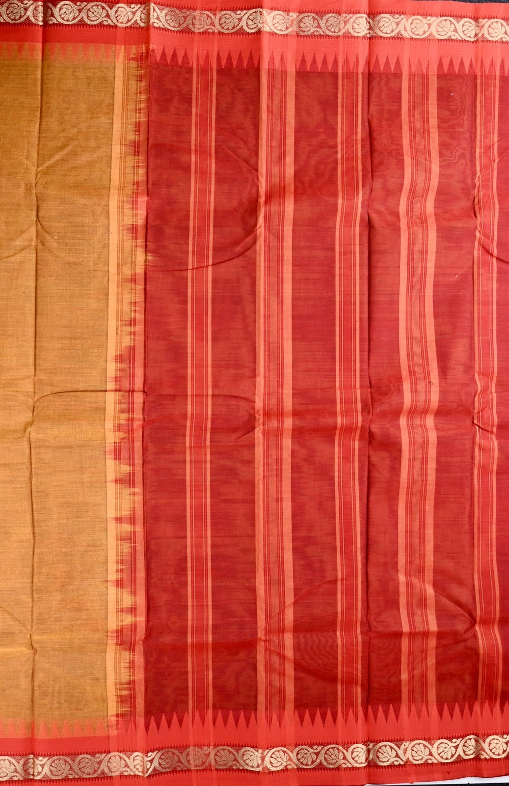 Dhaka cotton saree musturd yellow and red color with small zari border, big contrast pallu and plain blouse.