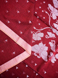 Lenin cotton saree red color allover weaves & small kaddi border with self pallu and attached blouse