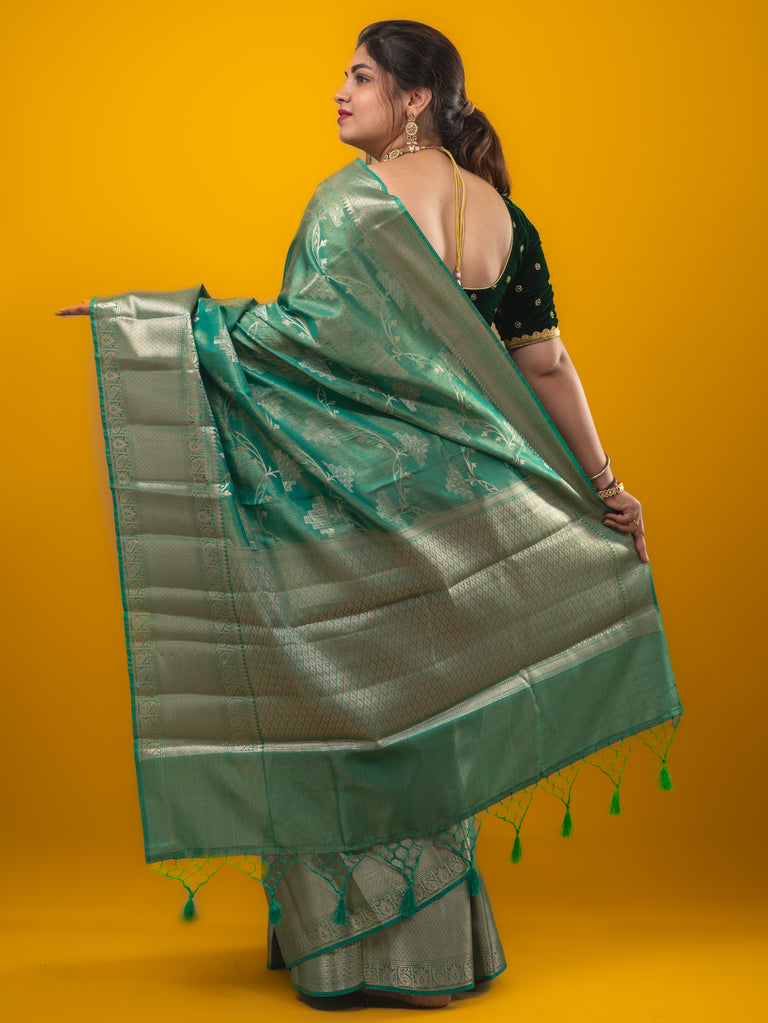 Kora tissue fancy saree lux green color allover zari weaves & zari border with brocade pallu and brocade blouse