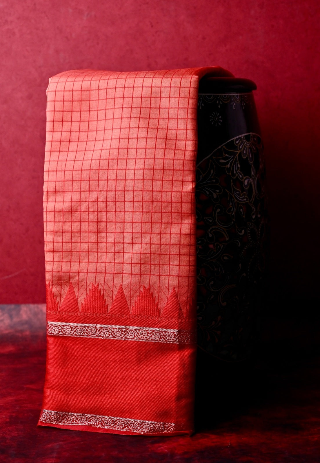 Banaras silk saree peach and red color with allover checks, big gap border, small pallu and brocade blouse