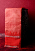 Banaras silk saree peach and red color with allover checks, big gap border, small pallu and brocade blouse