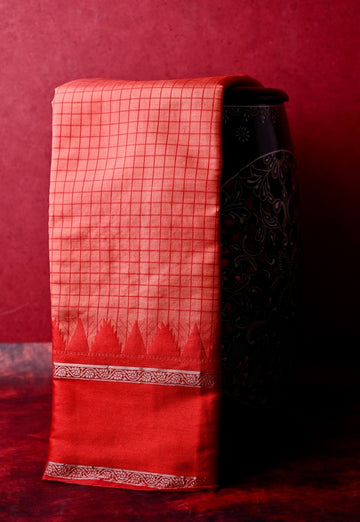 Banaras silk saree peach and red color with allover checks, big gap border, small pallu and brocade blouse