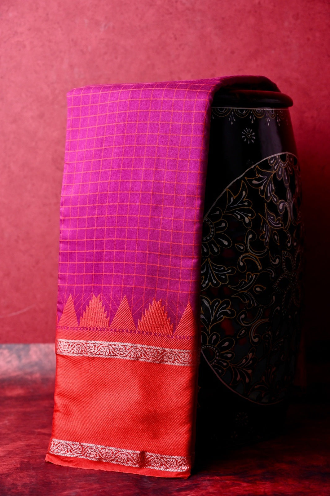 Banaras silk saree pink and red color with allover checks, big gap border, small pallu and brocade blouse