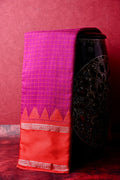 Banaras silk saree pink and red color with allover checks, big gap border, small pallu and brocade blouse