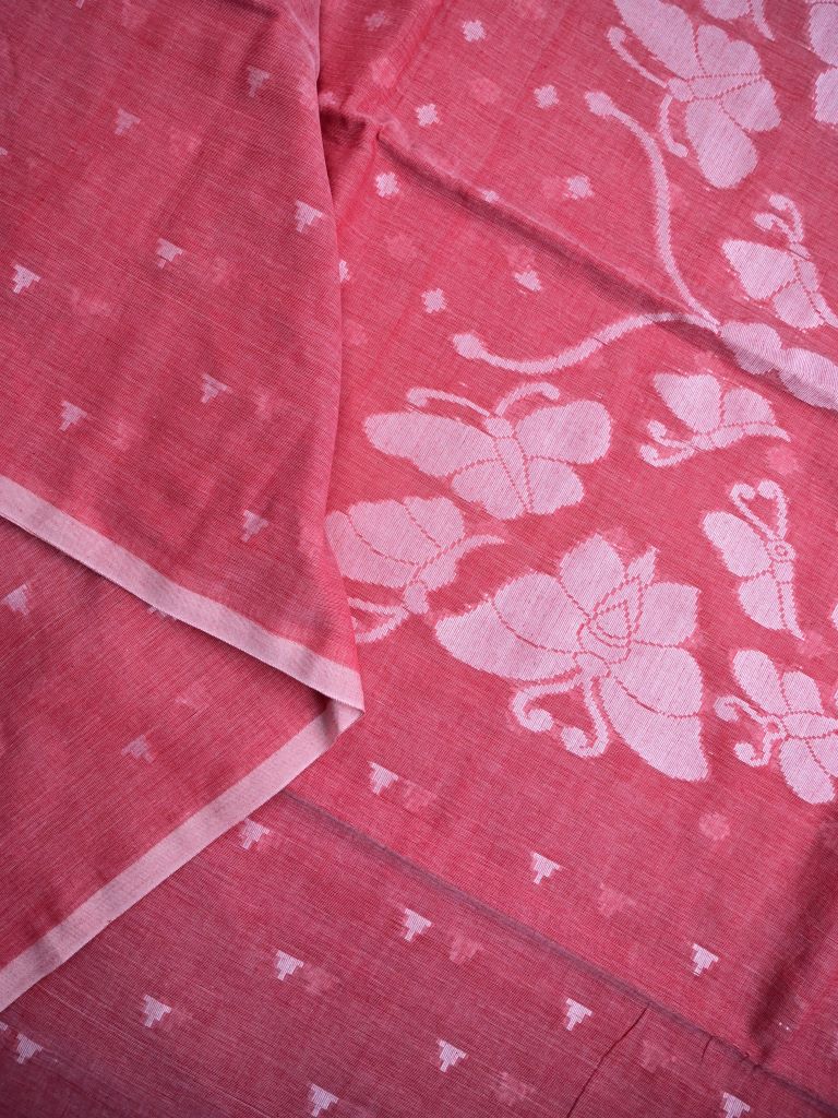 Lenin cotton saree rose pink color allover weaves & small kaddi border with self pallu and attached blouse