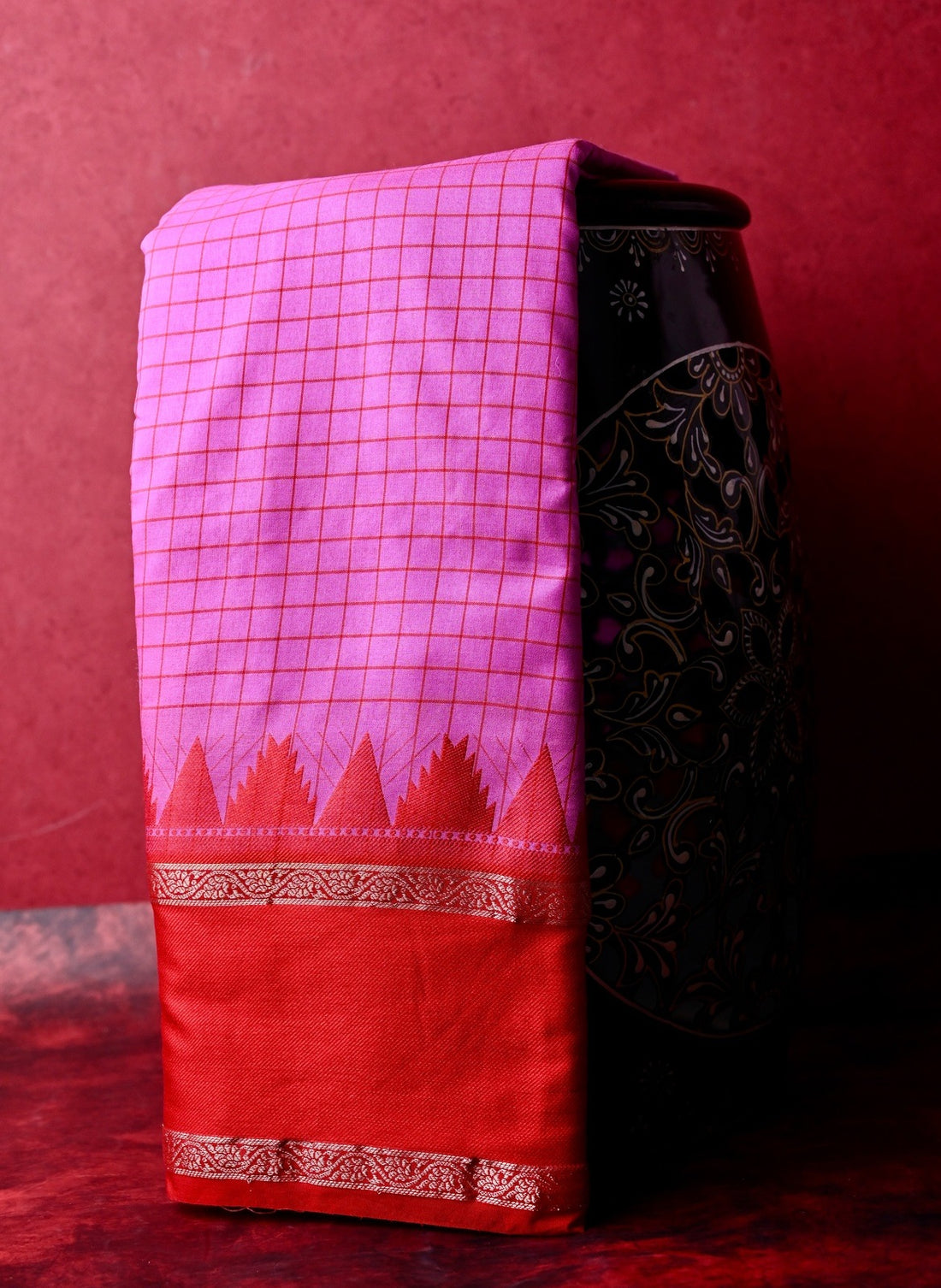 Banaras silk saree light pink and red color with allover checks, big gap border, small pallu and brocade blouse