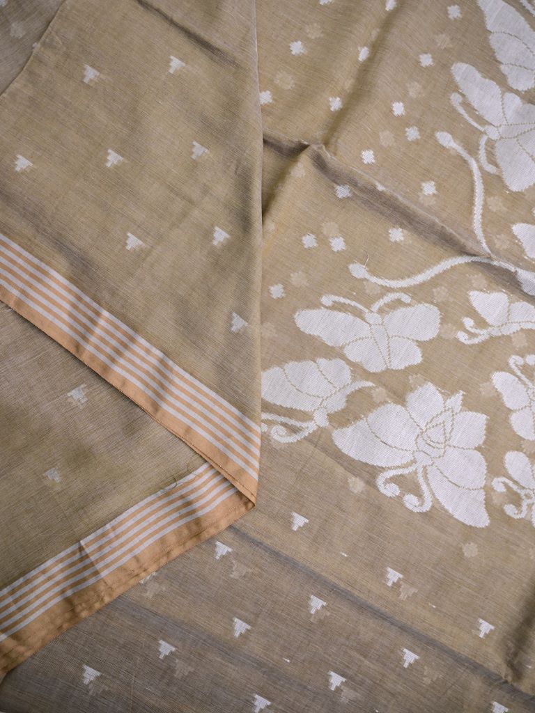 Lenin cotton saree beige color allover weaves & small kaddi border with self pallu and attached blouse