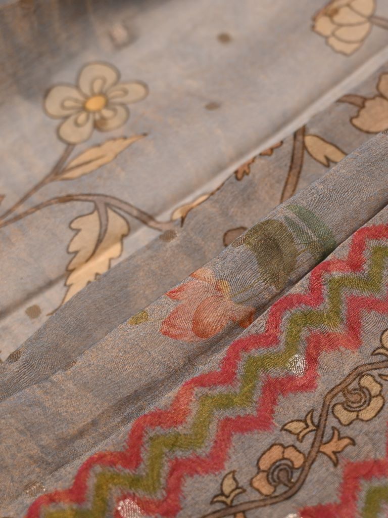 Tissue kalamkari dupatta grey color with allover digital prints and zari border