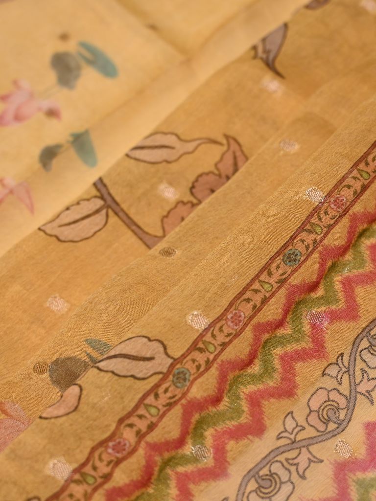Tissue kalamkari dupatta golden yellow color with allover digital prints and zari border