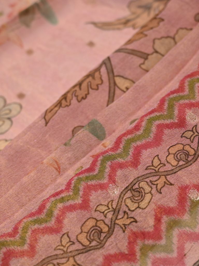 Tissue kalamkari dupatta baby pink color with allover digital prints and zari border