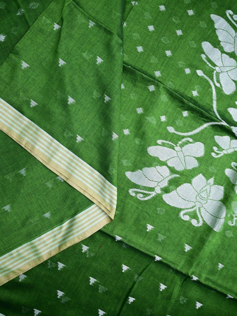 Lenin cotton saree bottle green color allover weaves & small kaddi border with self pallu and attached blouse