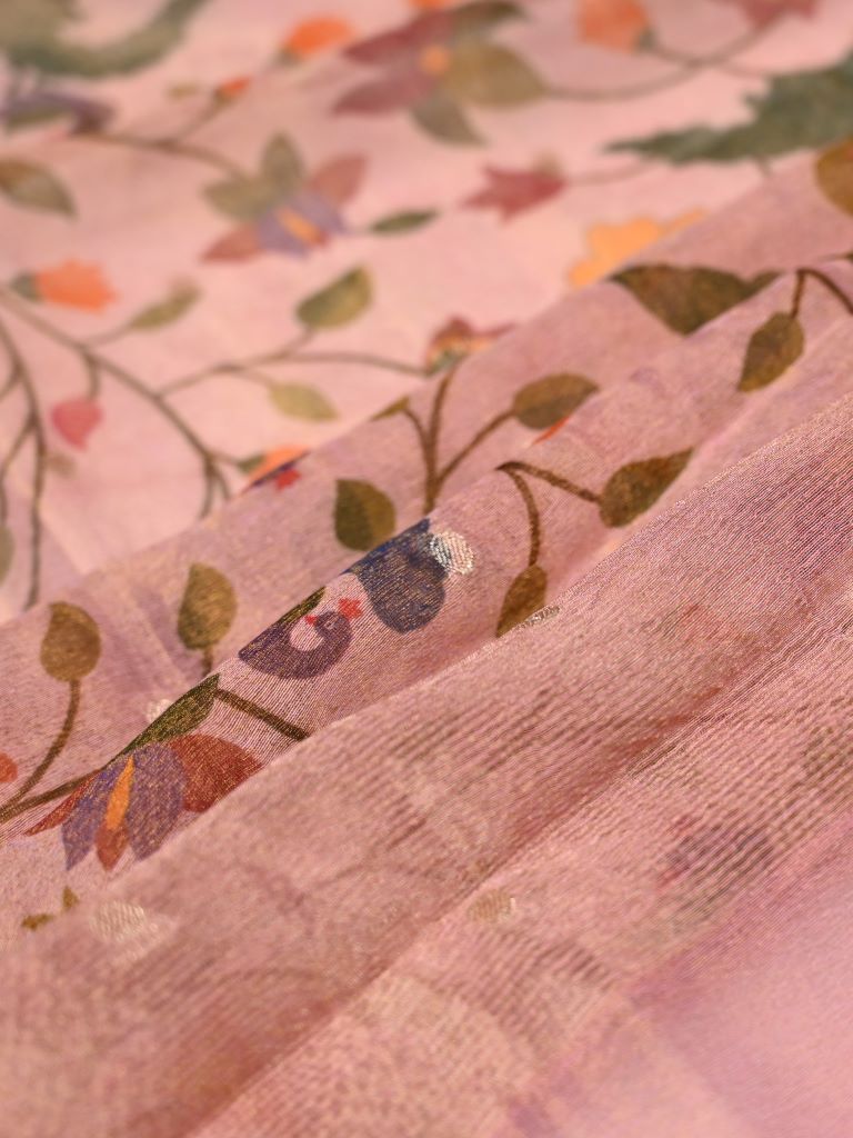 Tissue kalamkari dupatta baby pink color with allover digital prints and zari border