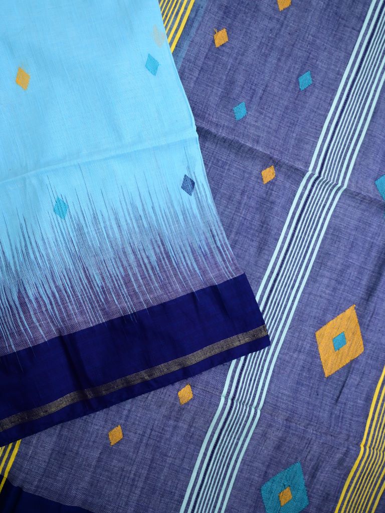 Khadi cotton saree sky blue color allover butis & small kaddi border with contrast pallu and attached plain blouse