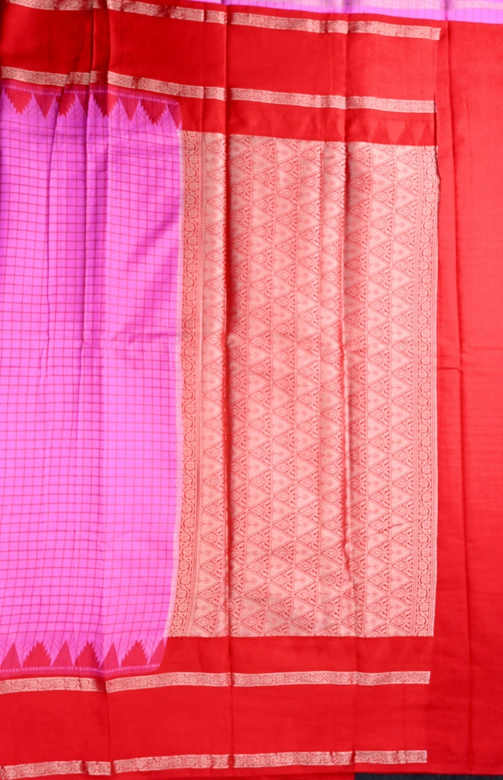 Banaras silk saree light pink and red color with allover checks, big gap border, small pallu and brocade blouse