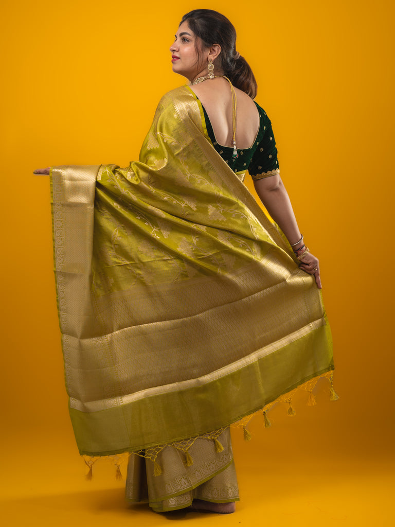 Kora tissue fancy saree golden yellow color allover zari weaves & zari border with brocade pallu and brocade blouse