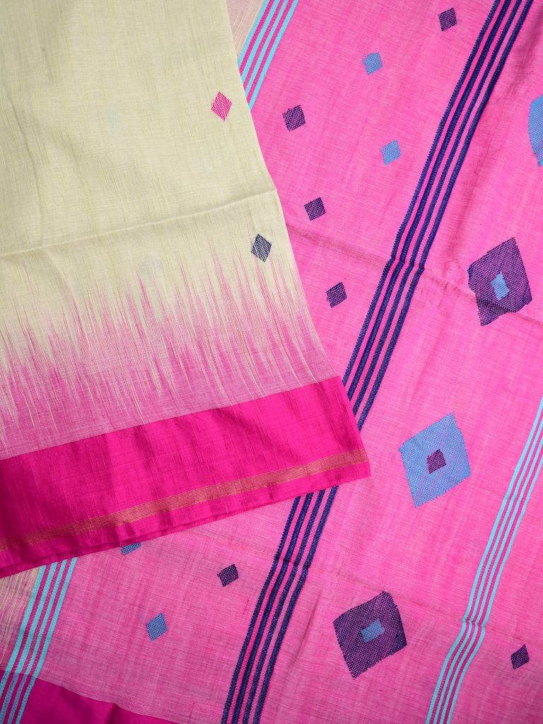 Khadi cotton saree light cream color allover butis & small kaddi border with contrast pallu and attached plain blouse