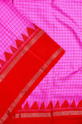 Banaras silk saree light pink and red color with allover checks, big gap border, small pallu and brocade blouse