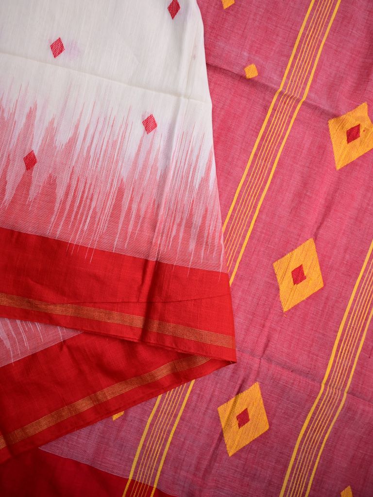 Khadi cotton saree white color allover butis & small kaddi border with contrast pallu and attached plain blouse