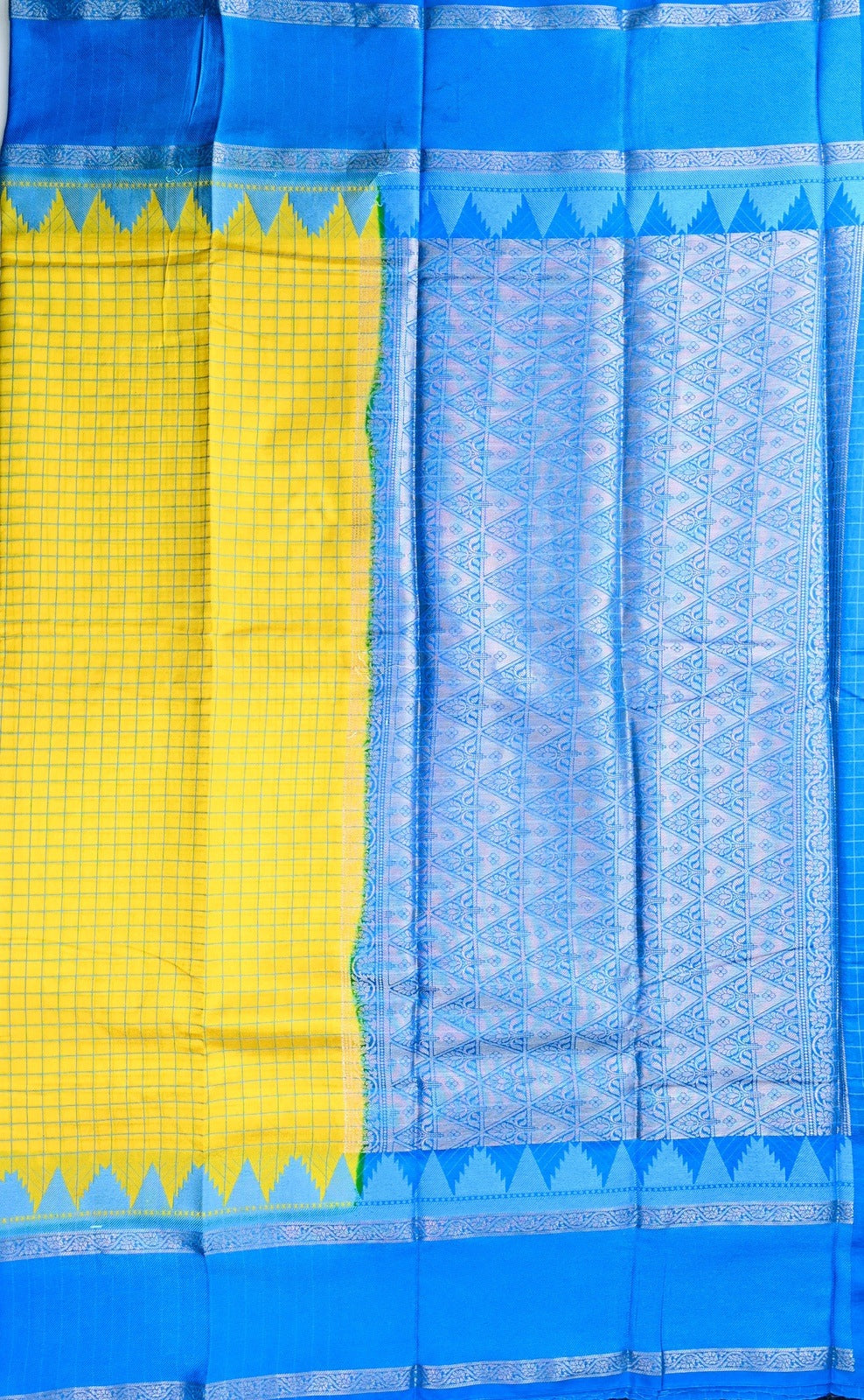 Banaras silk saree yellow and blue color with allover checks, big gap border, small pallu and brocade blouse