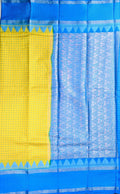 Banaras silk saree yellow and blue color with allover checks, big gap border, small pallu and brocade blouse