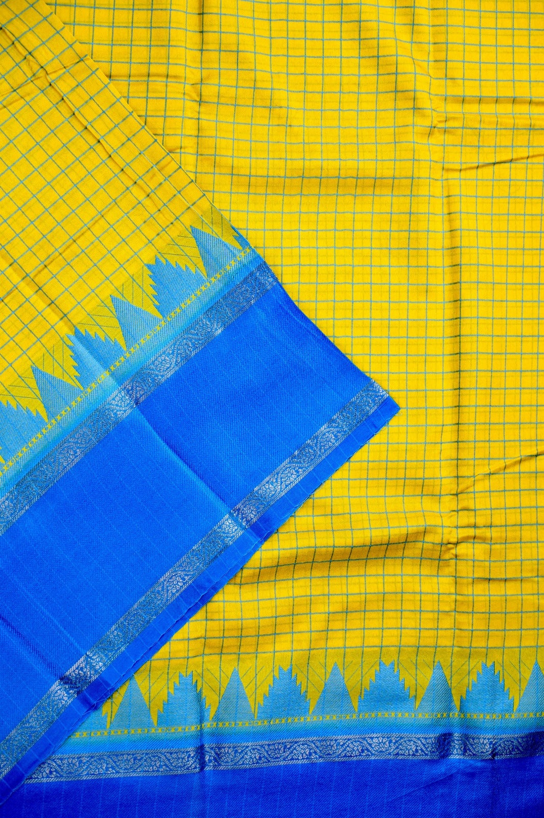 Banaras silk saree yellow and blue color with allover checks, big gap border, small pallu and brocade blouse