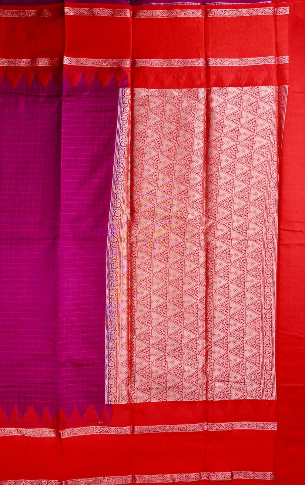 Banaras silk saree pink and red color with allover checks, big gap border, small pallu and brocade blouse