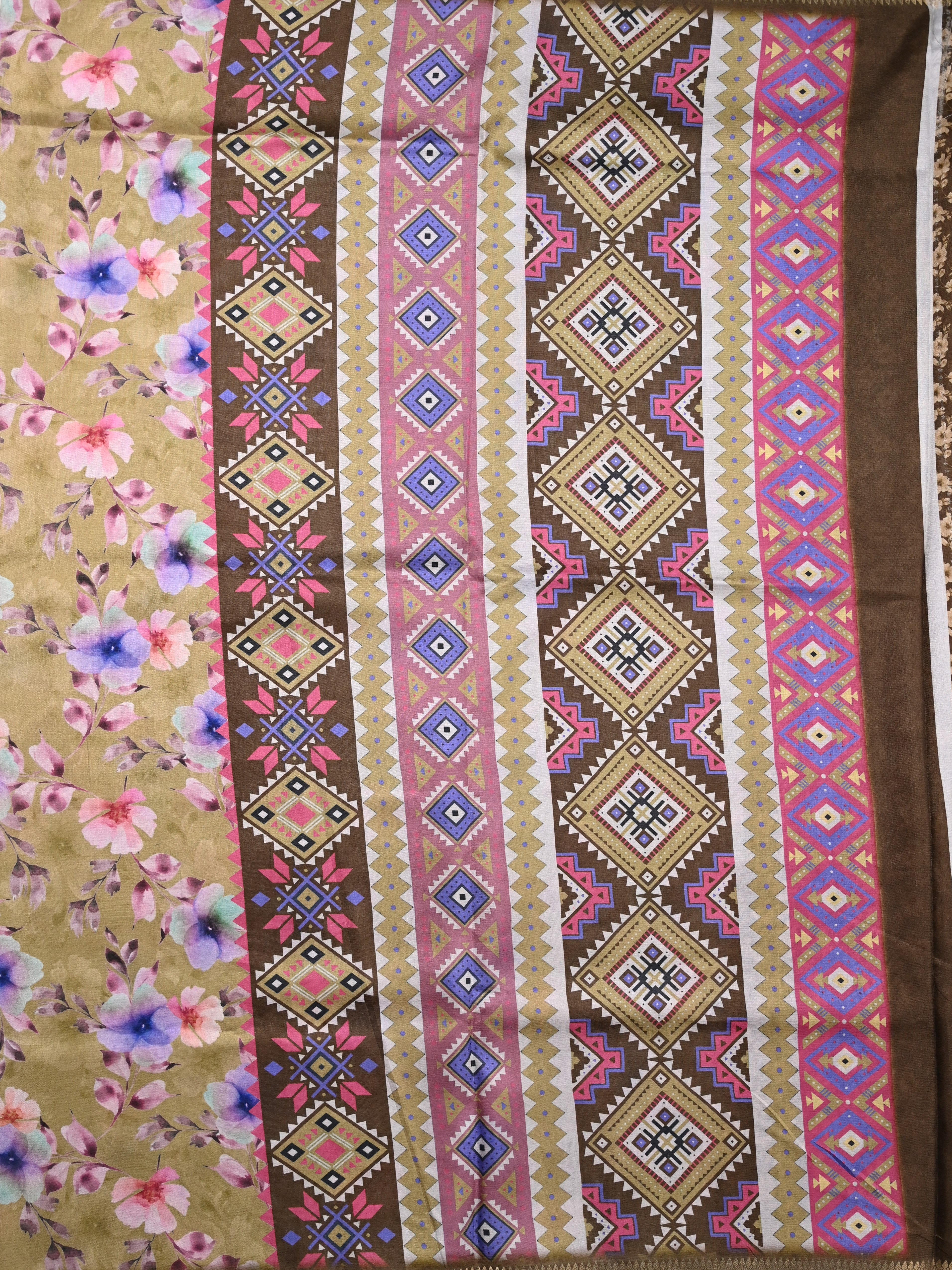 Dola silk fancy saree mustard green color allover digital floral prints & zari weaving border with striped pallu and printed blouse