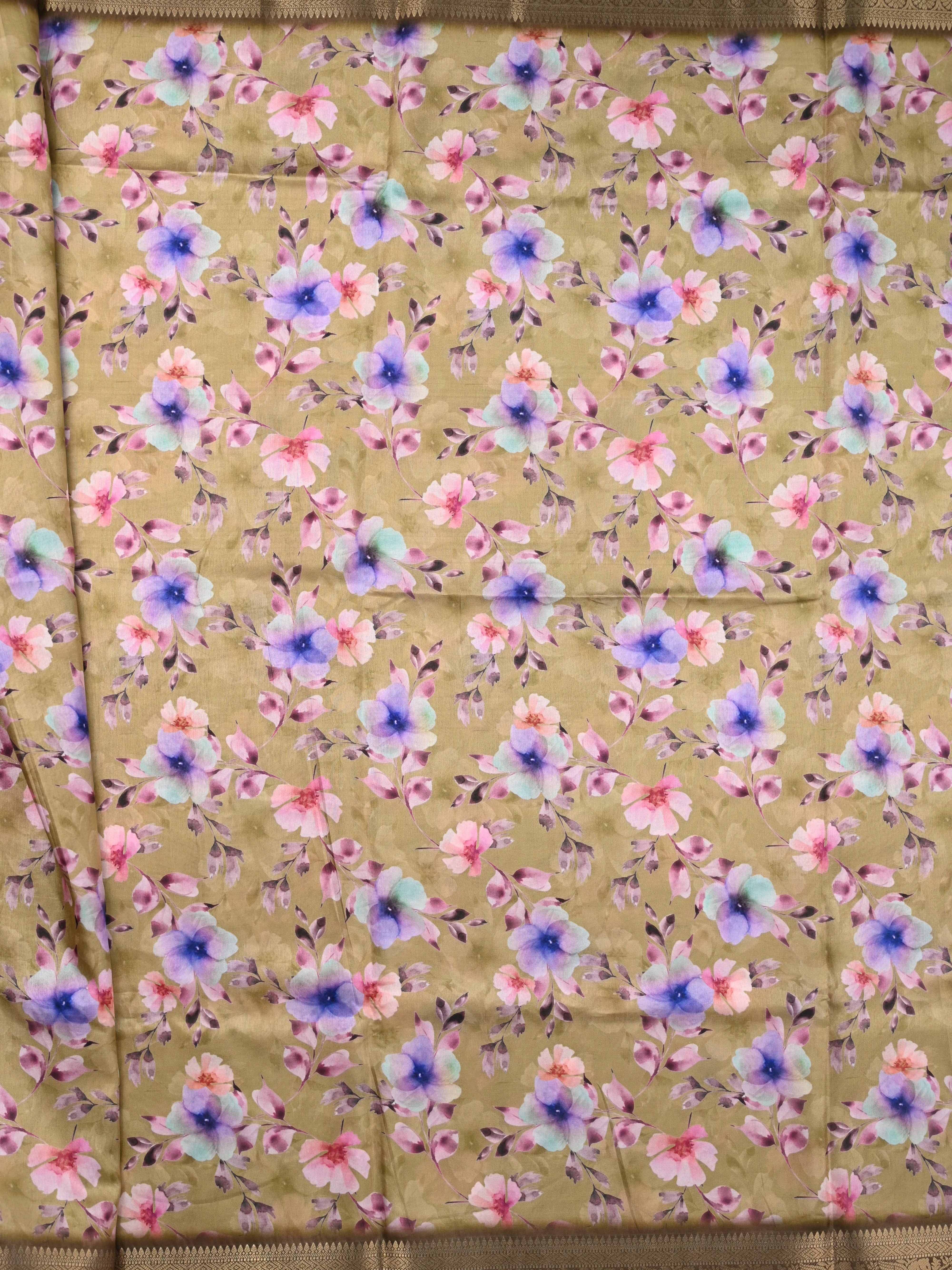 Dola silk fancy saree mustard green color allover digital floral prints & zari weaving border with striped pallu and printed blouse