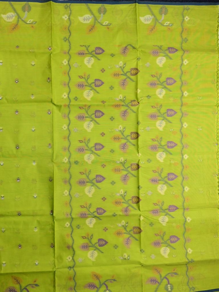 Bengal cotton saree parrot green color allover weaves & small kaddi border with weaving pallu