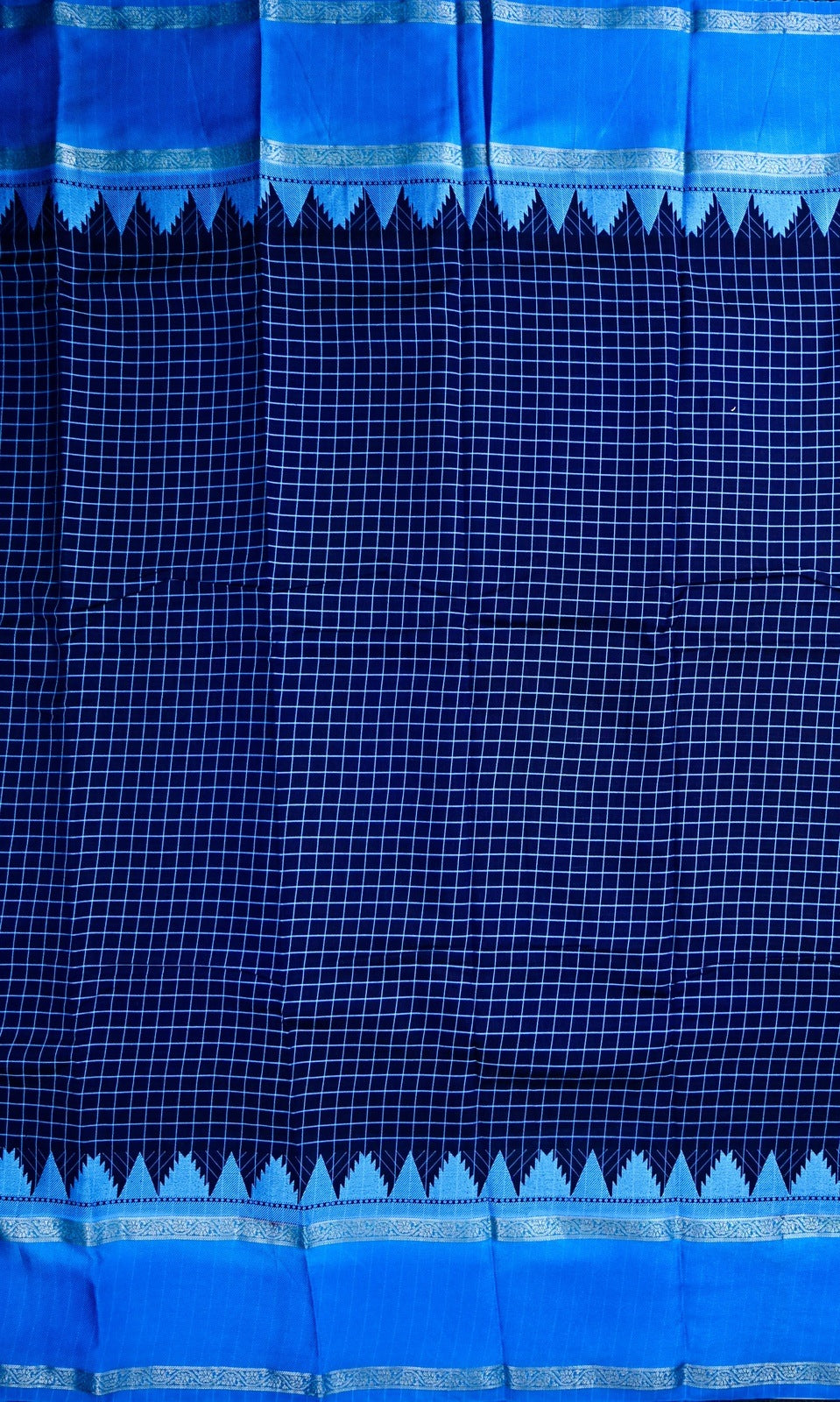 Banaras silk saree dark blue color with allover checks, big gap border, small pallu and brocade blouse