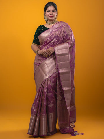 Kora tissue fancy saree light purple color allover zari weaves & zari border with brocade pallu and brocade blouse