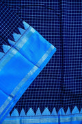 Banaras silk saree dark blue color with allover checks, big gap border, small pallu and brocade blouse