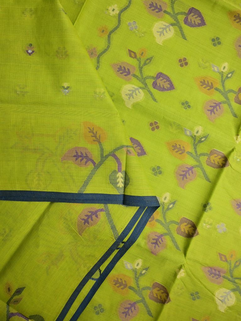 Bengal cotton saree parrot green color allover weaves & small kaddi border with weaving pallu