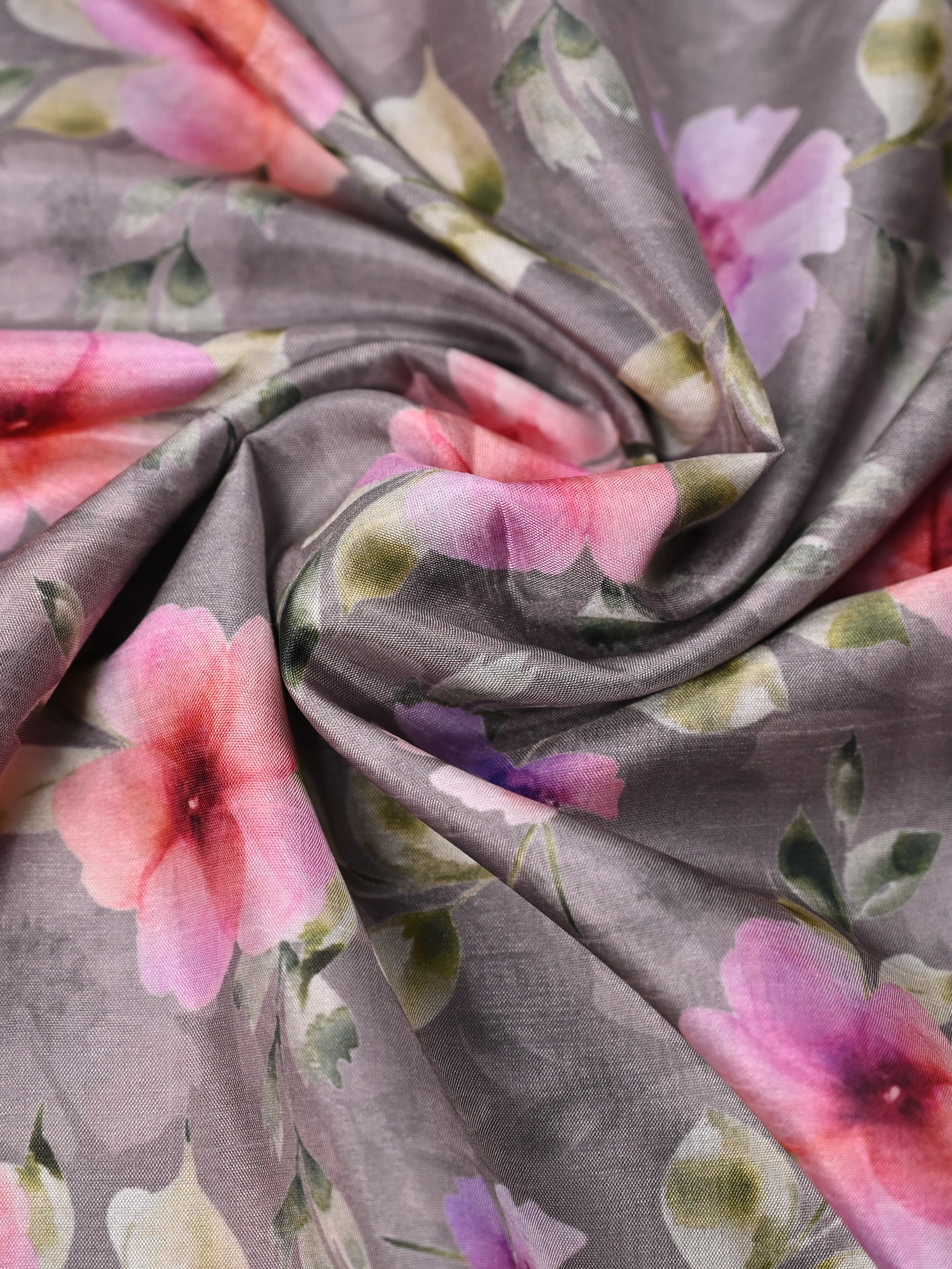 Dola silk fancy saree grey color allover digital floral prints & zari weaving border with striped pallu and printed blouse