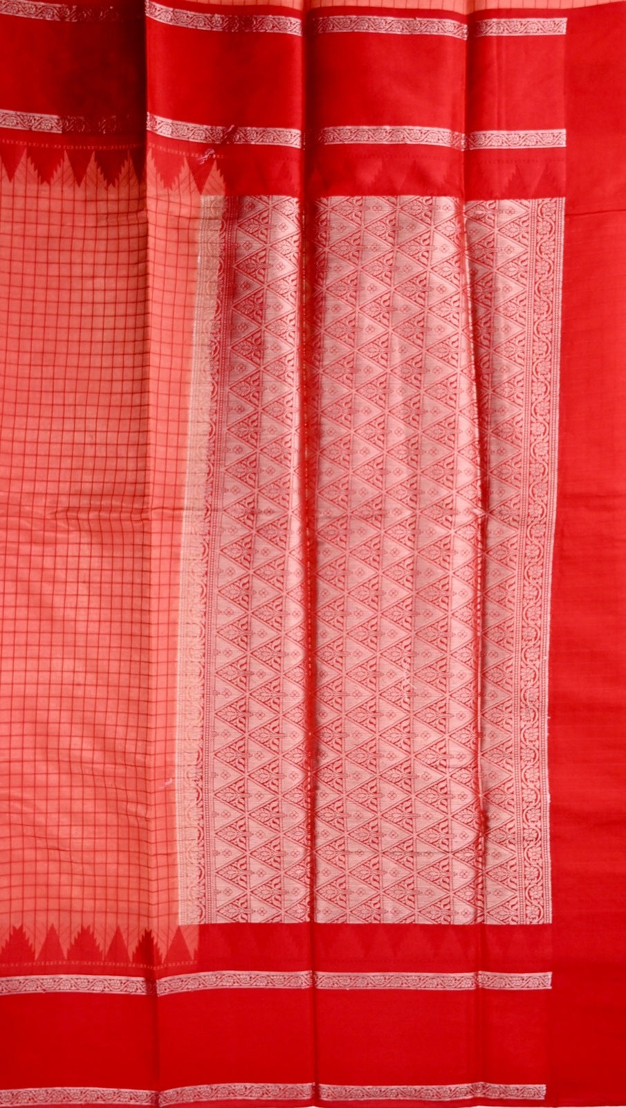 Banaras silk saree peach and red color with allover checks, big gap border, small pallu and brocade blouse