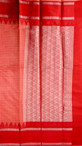 Banaras silk saree peach and red color with allover checks, big gap border, small pallu and brocade blouse