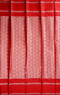 Banaras silk saree peach and red color with allover checks, big gap border, small pallu and brocade blouse