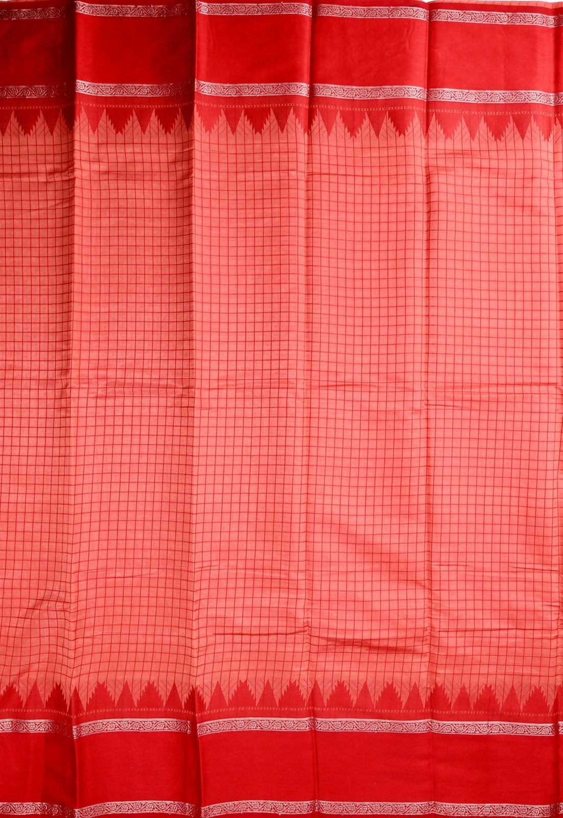 Banaras silk saree peach and red color with allover checks, big gap border, small pallu and brocade blouse