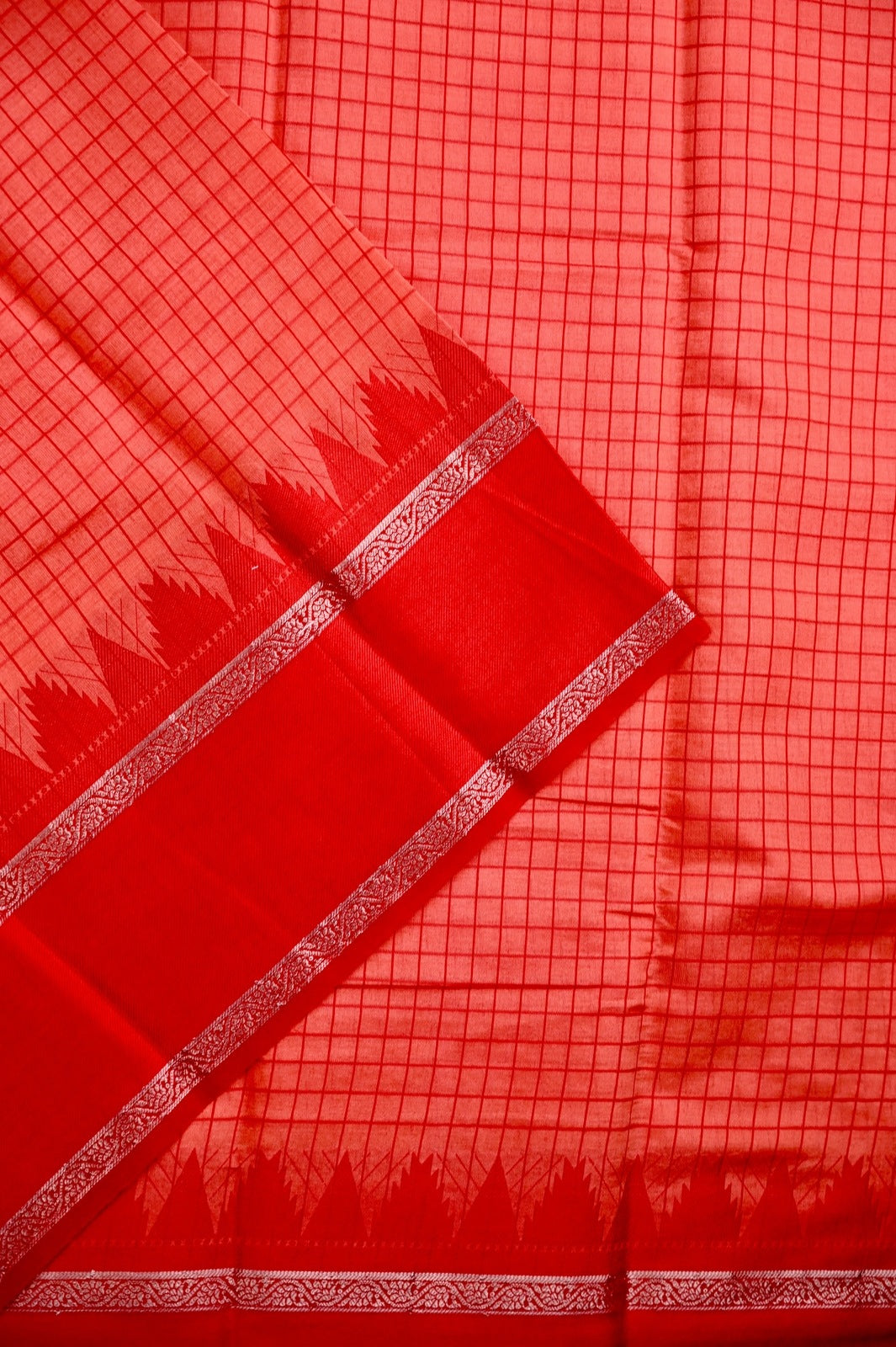 Banaras silk saree peach and red color with allover checks, big gap border, small pallu and brocade blouse