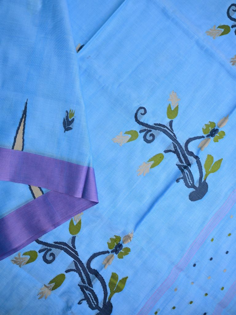 Bengal cotton saree sky blue color allover weaves & small kaddi border with weaving pallu and plain self blouse