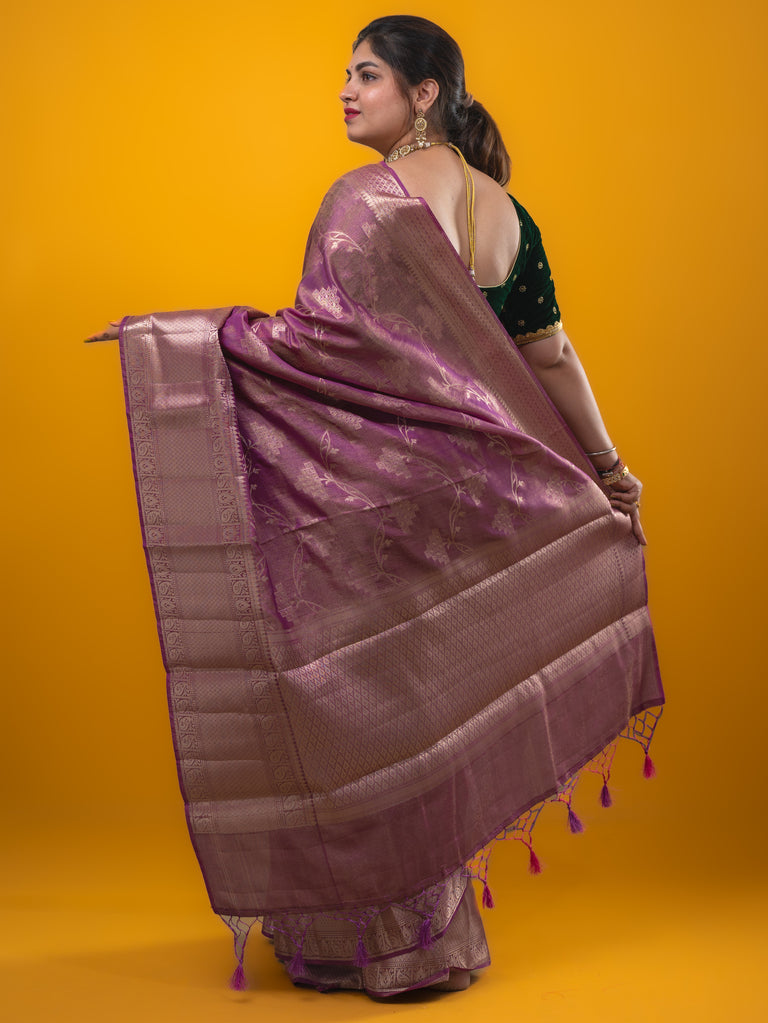 Kora tissue fancy saree light purple color allover zari weaves & zari border with brocade pallu and brocade blouse