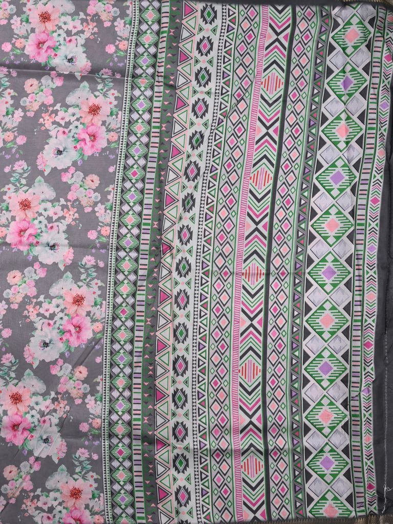 Dola silk fancy saree grey color allover digital floral prints & zari weaving border with striped pallu and printed blouse