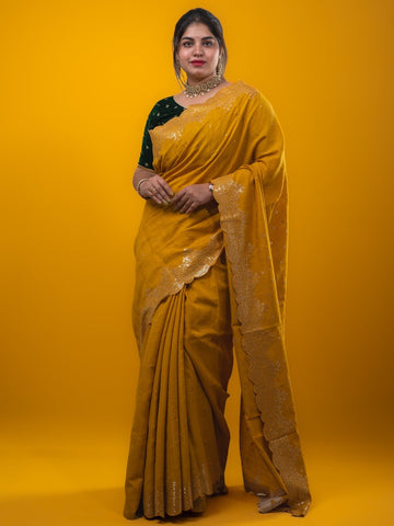 Kosa silk fancy saree golden yellow color allover mirror work & embroidery cutwork border with running pallu and attached blouse