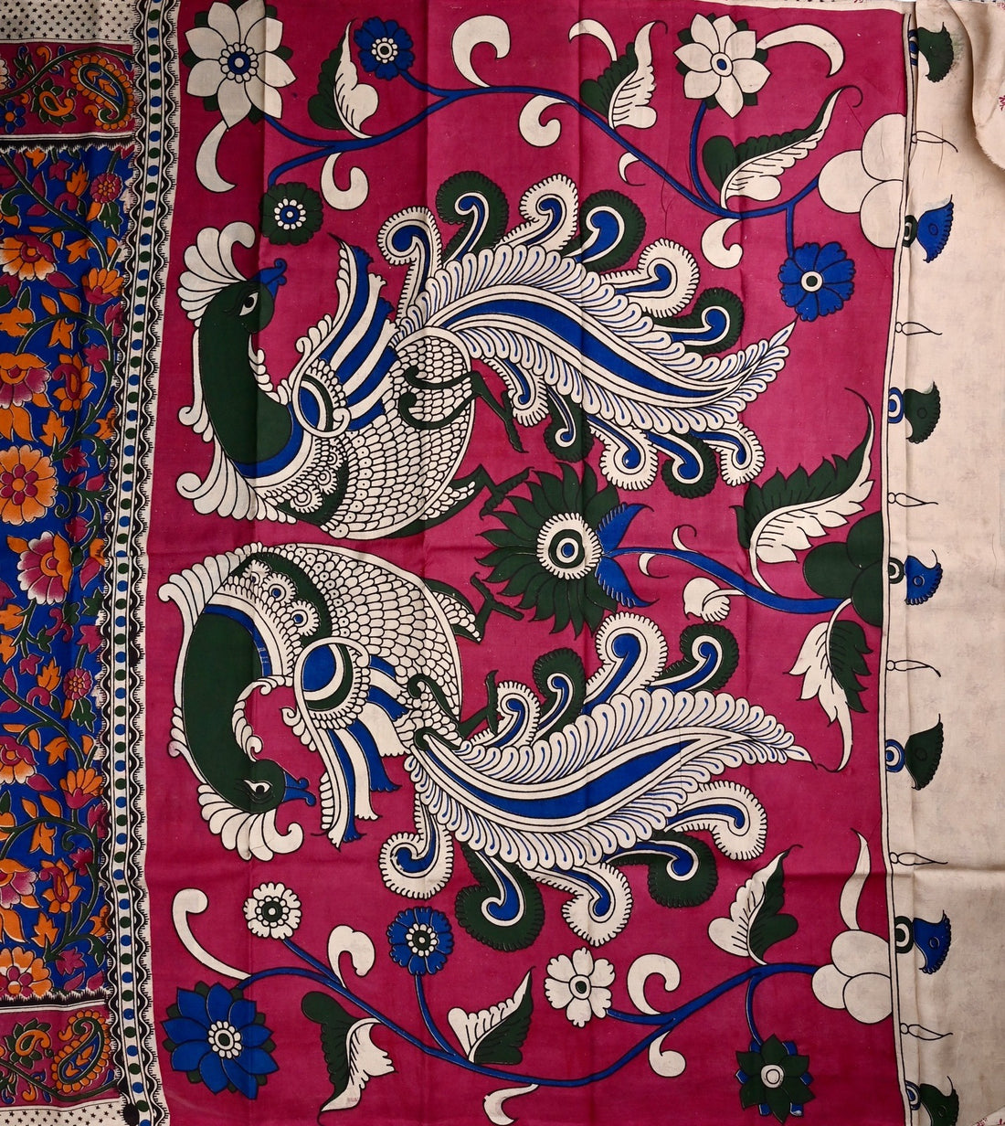 Kalamkari silk saree blue color with allover kalamkari multi color prints, with big pallu, small border and printed blouse.