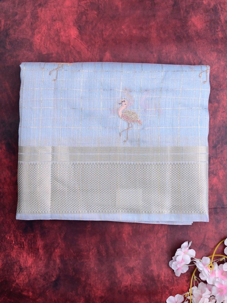 Lenin tissue fancy saree light blue color allover checks, zari weaves & zari border with short pallu and attached self blouse